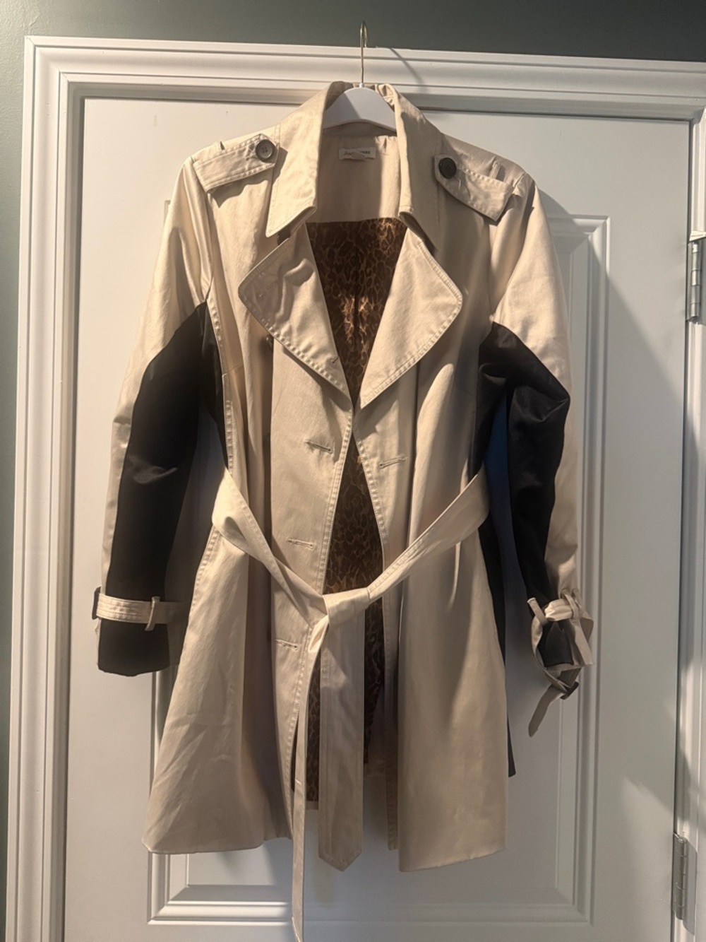 Joan Rivers Cream Trench Coat with Black Sleeves and Belt